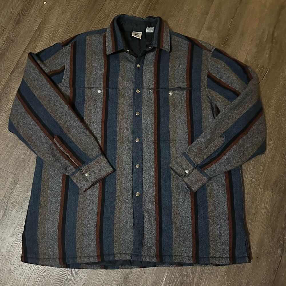 Vintage Shirt Jacket Mens XL Gray Striped Quilted Lined Shacket Wool Blend Snaps